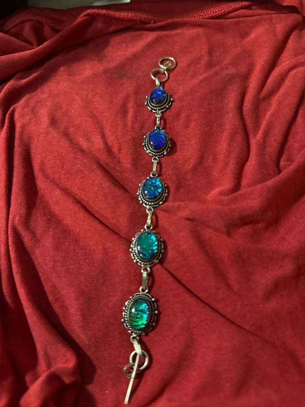 Vintage Sterling Silver Multi-Stone Australian Triplet Fire Opal Toggle Bracelet